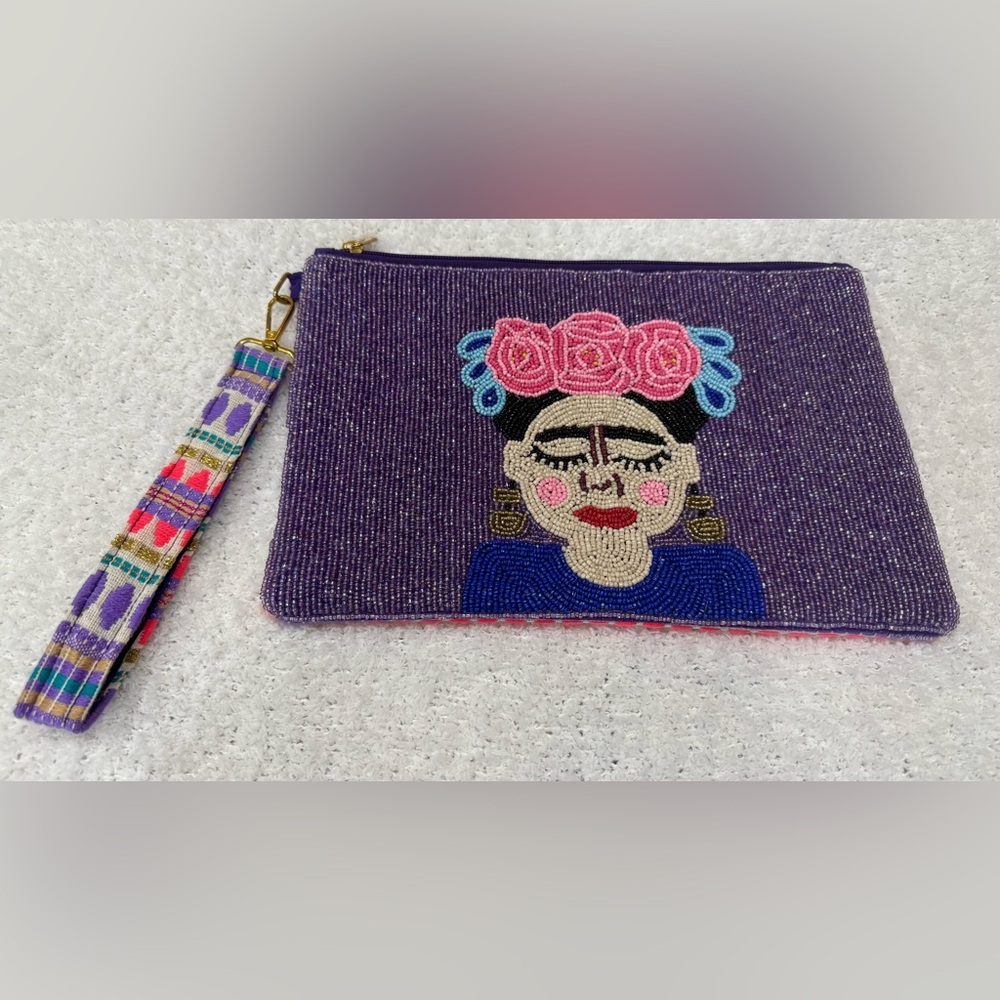 VERDE India Made Frida Kahlo Beaded Wristlet Clutch – 11-3/4” X 7-3/4”